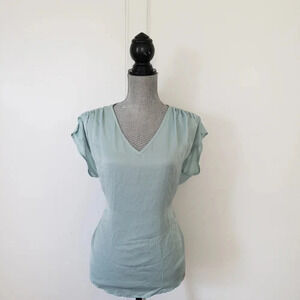Valette Blue Green Top Blouse V-Neck Short Sleeve